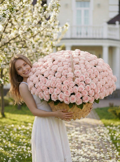 Hasır Sepette Dev 501 Pembe Gül Aranjmanı Premium İthal Güller