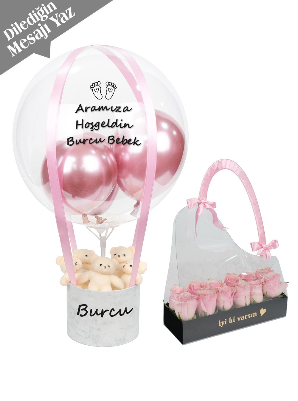 Mermer Desenli Çantalı Pembe Balon Kutusu Seti