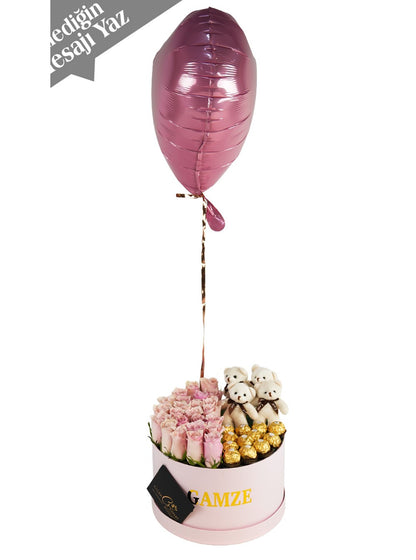 Pembe Renk Gül Rocher Çikolata ve Uçan Balon Kutusu