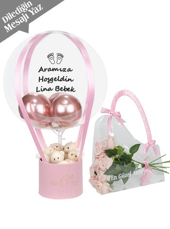 Anne Bebek Hediye Seti Balon Kutusu Kalıcı Gül