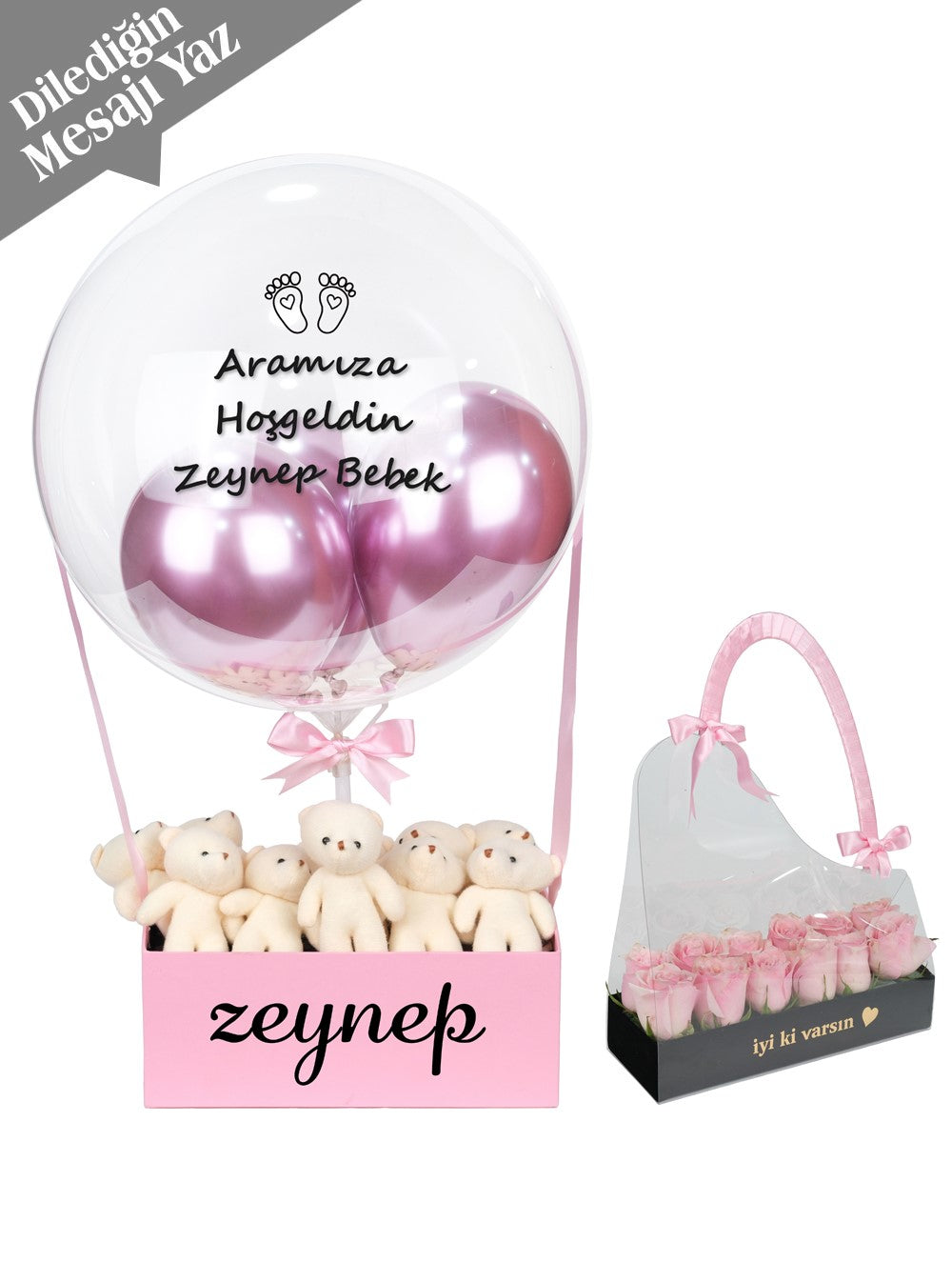 Pembe Balon Kutusu ve Kadife Kutuda Çanta Set
