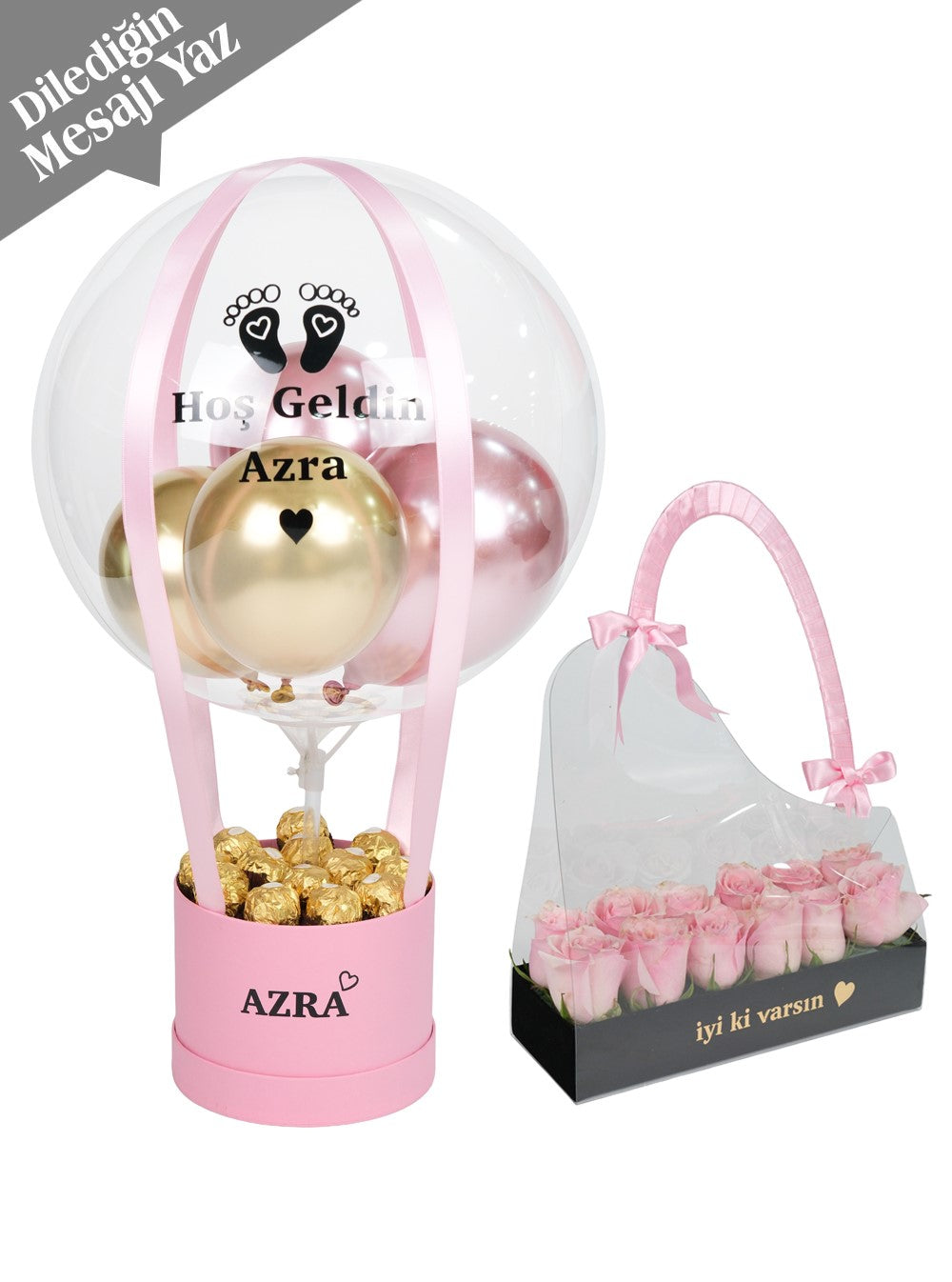 Pembe Gold Kadife Çanta Balon Seti