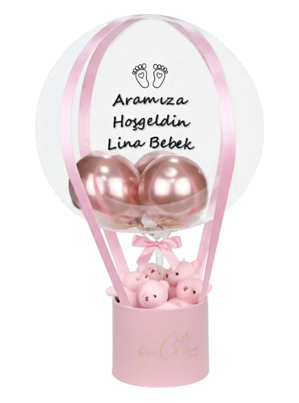 Yenidoğan Ayıcıklı Bebek Hediyesi Balon Kutusu Pembe