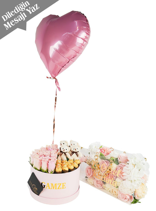 Pembe Set Kutuda Gül Çikolata Ayıcık ve Zincirli Çanta