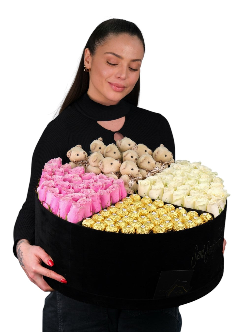 Dev Kutuda Pembe Beyaz Güller Ayıcık ve Çikolata Vip