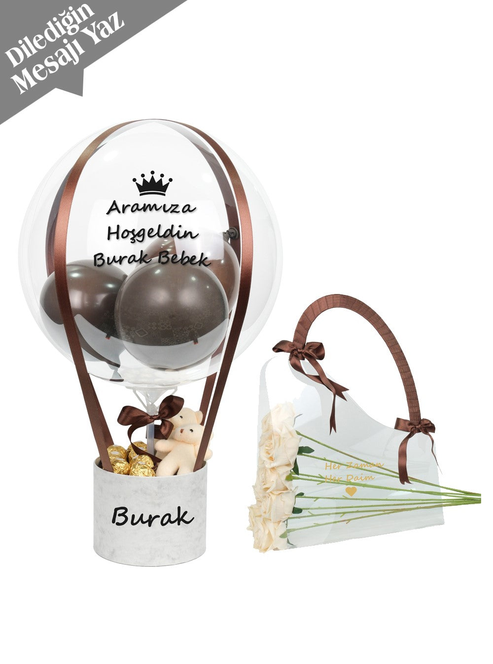 Anne Bebek Hediye Seti Mermer Desenli Balon Kutusu