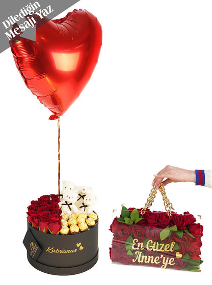 Kırmızı Güller Çikolata Uçan Balon ve Zincirli Premium Çanta