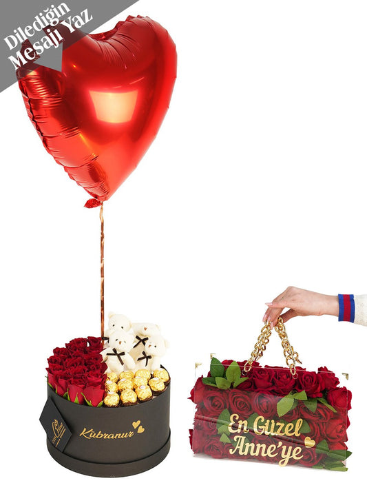 Kırmızı Güller Çikolata Uçan Balon ve Zincirli Premium Çanta