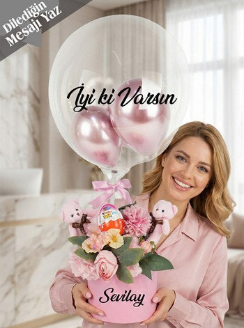Kalıcı Yapay Çiçekler Ayıcık ve Kinder Yumurta Çiçekli Balon Kutusu