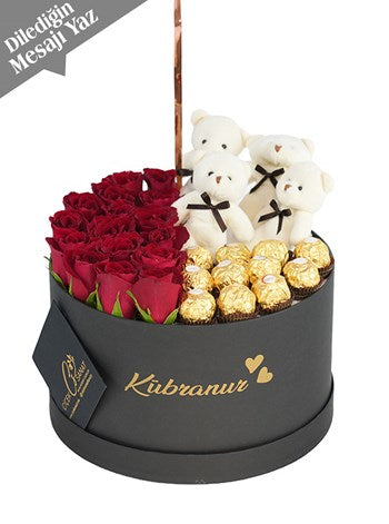 Premium Gül Çikolata Ayıcık Kutusu Uçan Kalpli