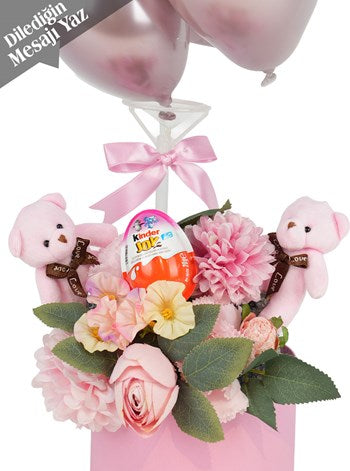Kalıcı Yapay Çiçekler Ayıcık ve Kinder Yumurta Çiçekli Balon Kutusu