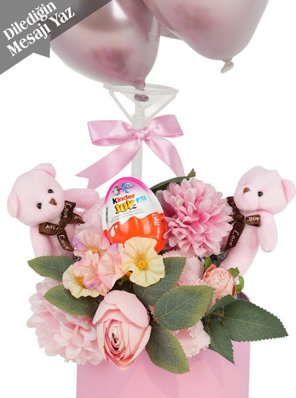 Kalıcı Yapay Çiçekler Ayıcık ve Kinder Yumurta Çiçekli Balon Kutusu Çanta Set