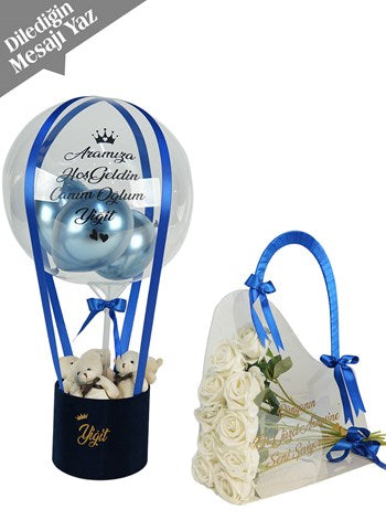 Kişiye Özel Lacivert Balon Kutusu Yapay Gül Set