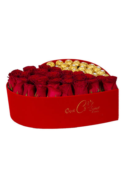 Kırmızı Kadife Dev Kalp Kutu İçerisinde Kırmızı gül ve Rocher Çikolata