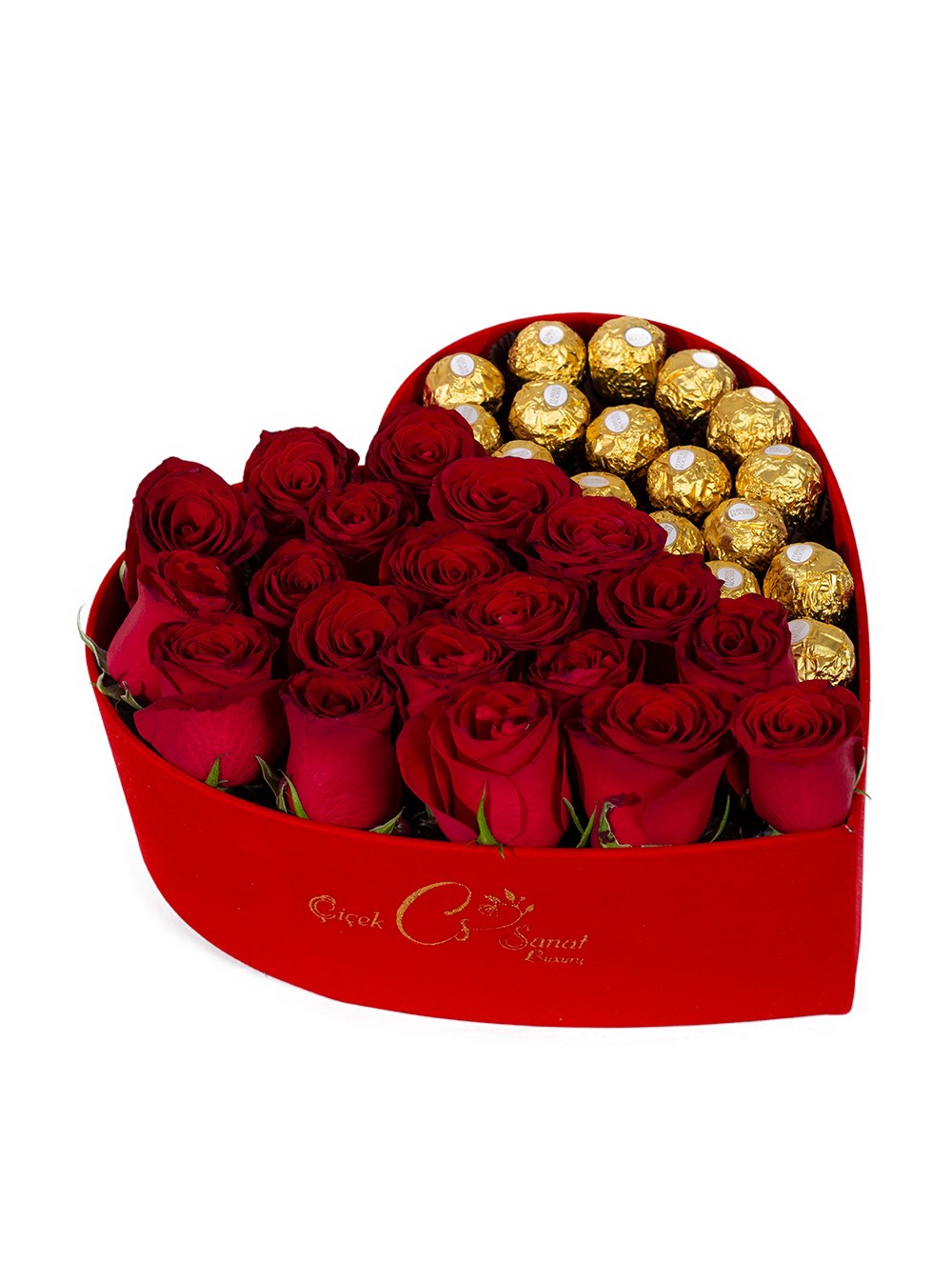 Kırmızı Kadife Kalp Kutu İçerisinde Kırmızı gül ve Rocher Çikolata