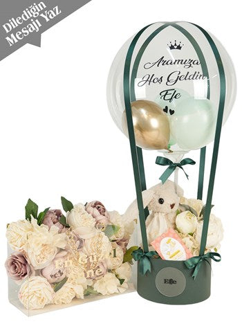 Premium Yeşil Gold Tavşanlı Özel Çiçekli Balon Kutusu ve Çanta Set