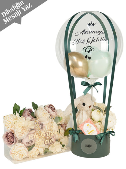 Premium Yeşil Gold Tavşanlı Özel Çiçekli Balon Kutusu ve Çanta Set